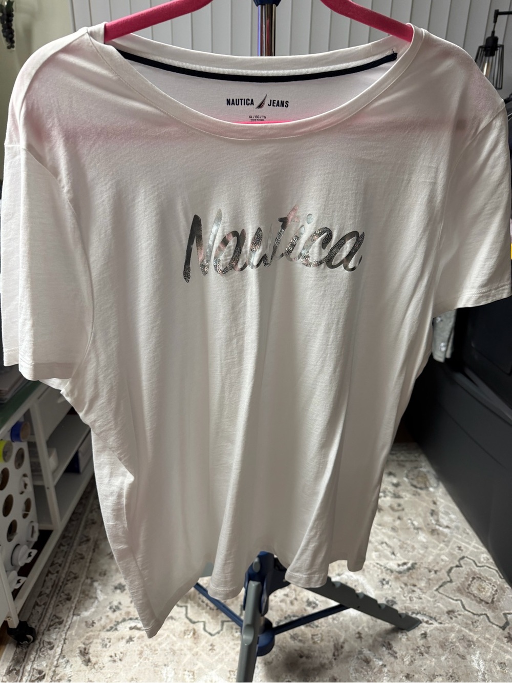 Nautica Women's White Short-Sleeve Tee with Silver Logo size XL